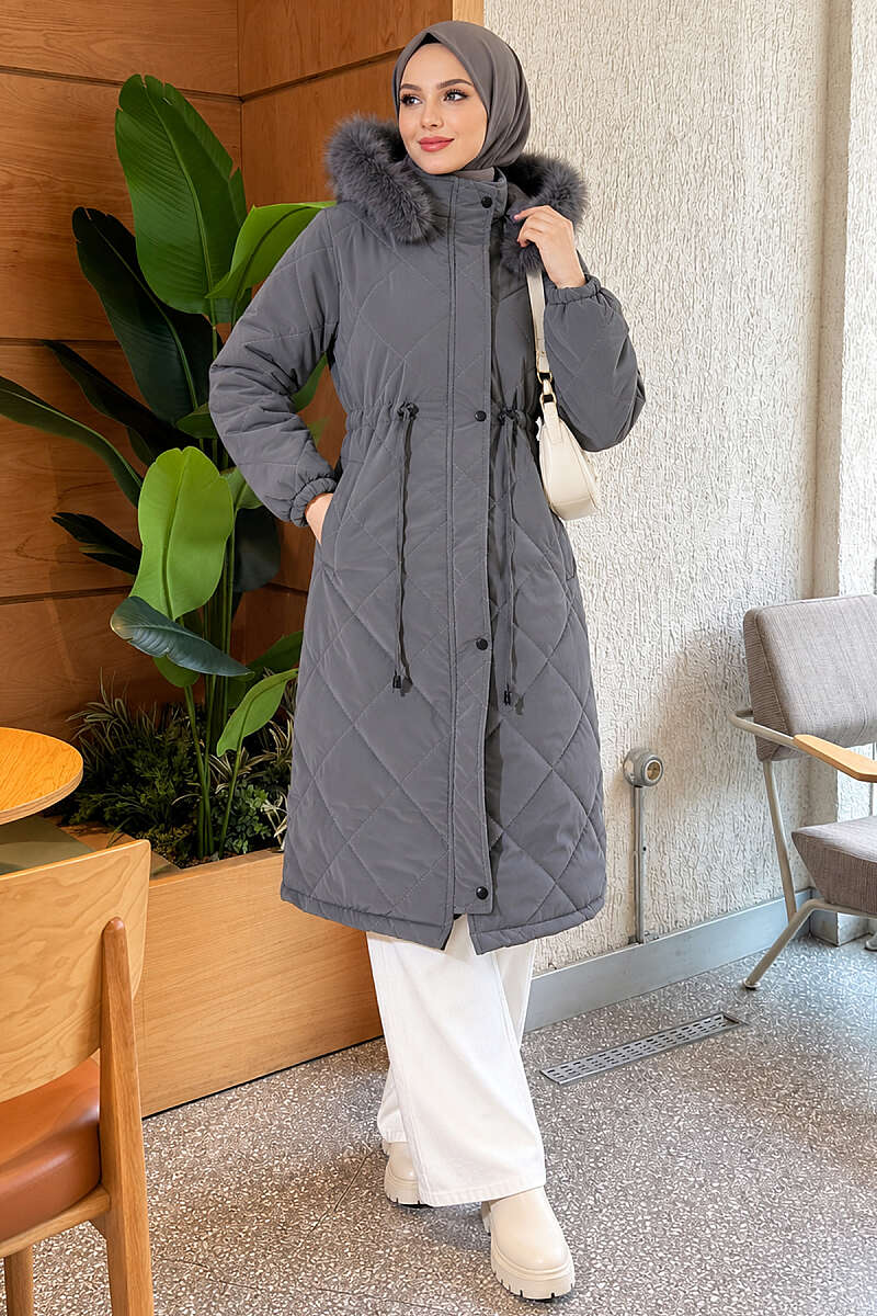 Quilted Puffer Coat with Faux Fur and Drawstring Waist - Smoke Grey