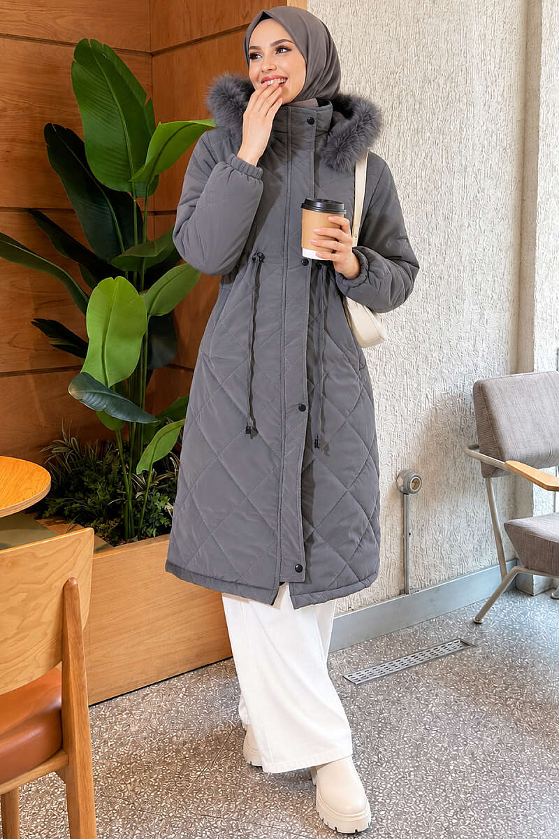 Quilted Puffer Coat with Faux Fur and Drawstring Waist - Smoke Grey