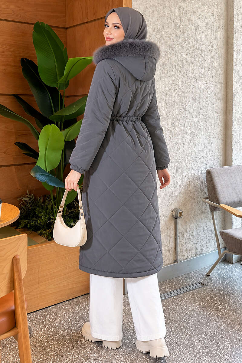 Quilted Puffer Coat with Faux Fur and Drawstring Waist - Smoke Grey