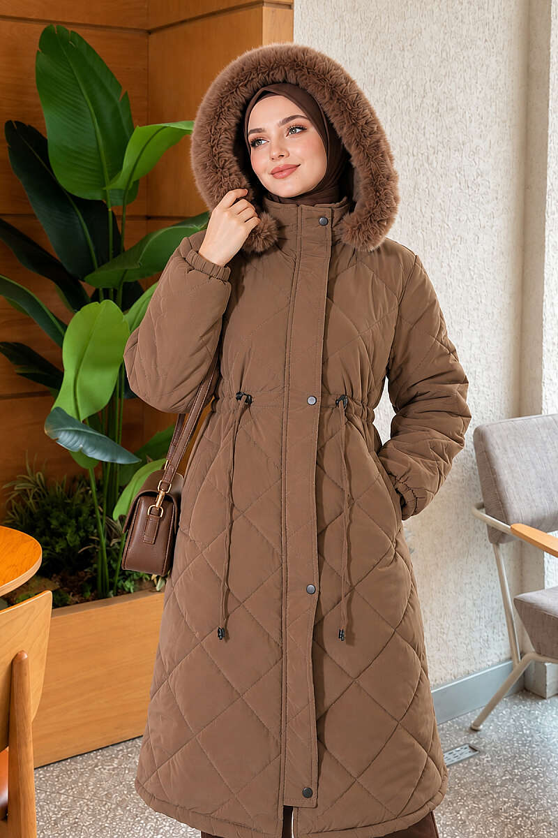 Quilted Puffer Coat with Faux Fur and Drawstring Waist - Brown