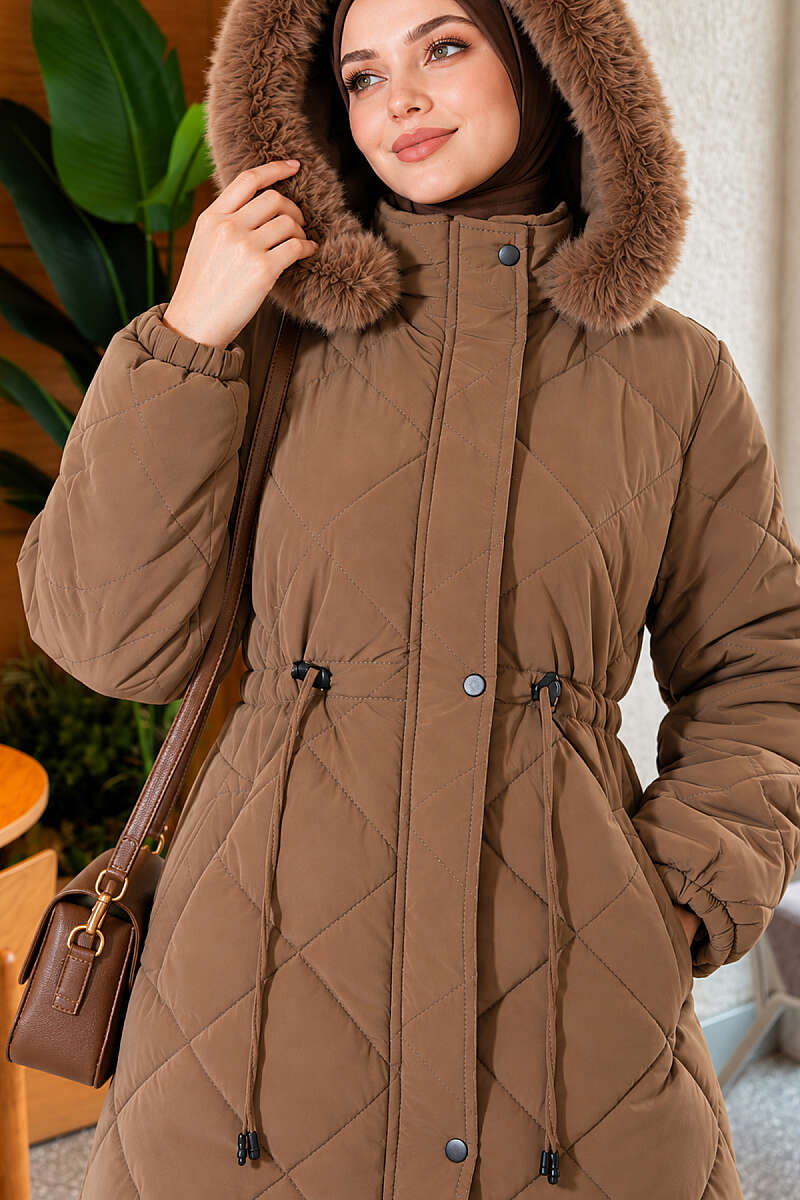 Quilted Puffer Coat with Faux Fur and Drawstring Waist - Brown