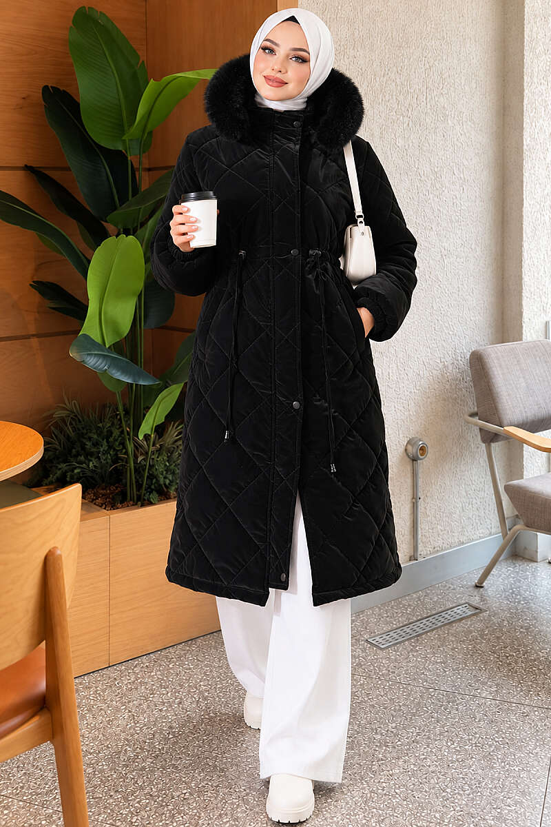 Quilted Puffer Coat with Faux Fur and Drawstring Waist - Black