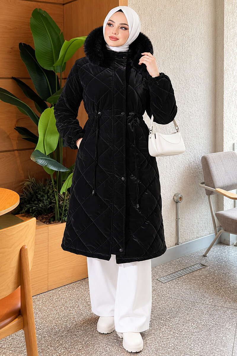 Quilted Puffer Coat with Faux Fur and Drawstring Waist - Black