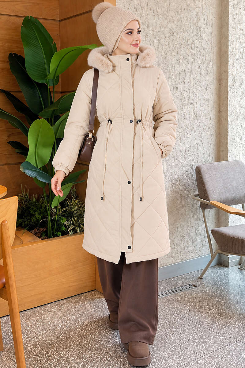 Quilted Puffer Coat with Faux Fur and Drawstring Waist - Stone