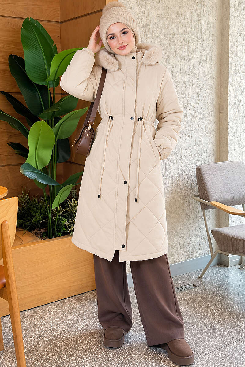 Quilted Puffer Coat with Faux Fur and Drawstring Waist - Stone