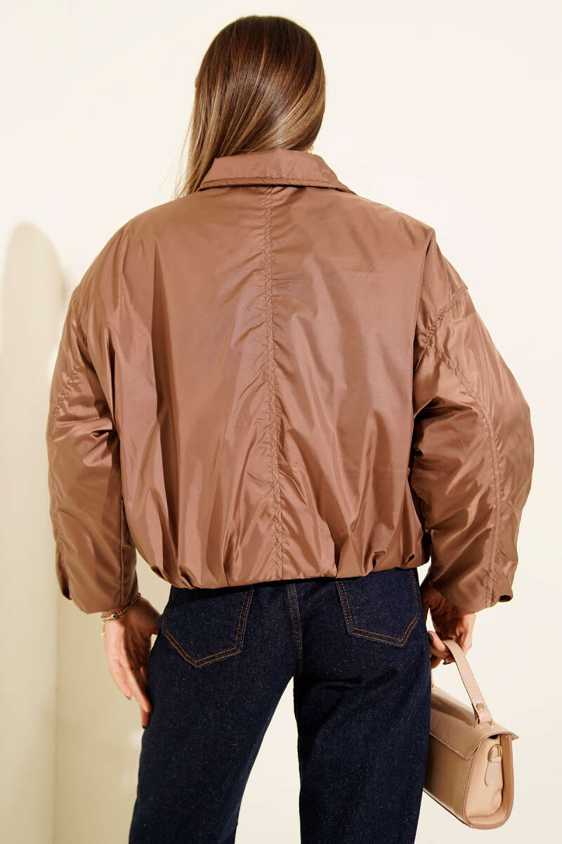 Short Quilted Bomber Jacket - Brown