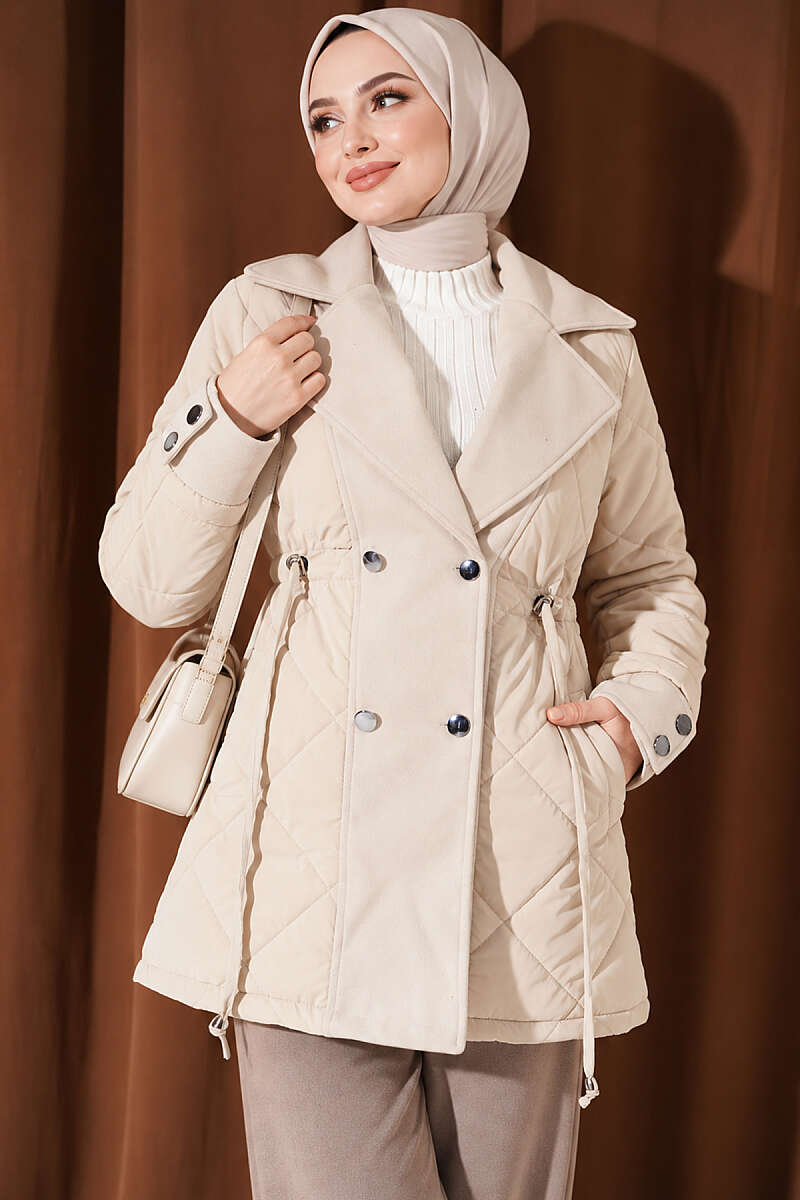 Double-Breasted Puffer Coat with Quilting - Beige