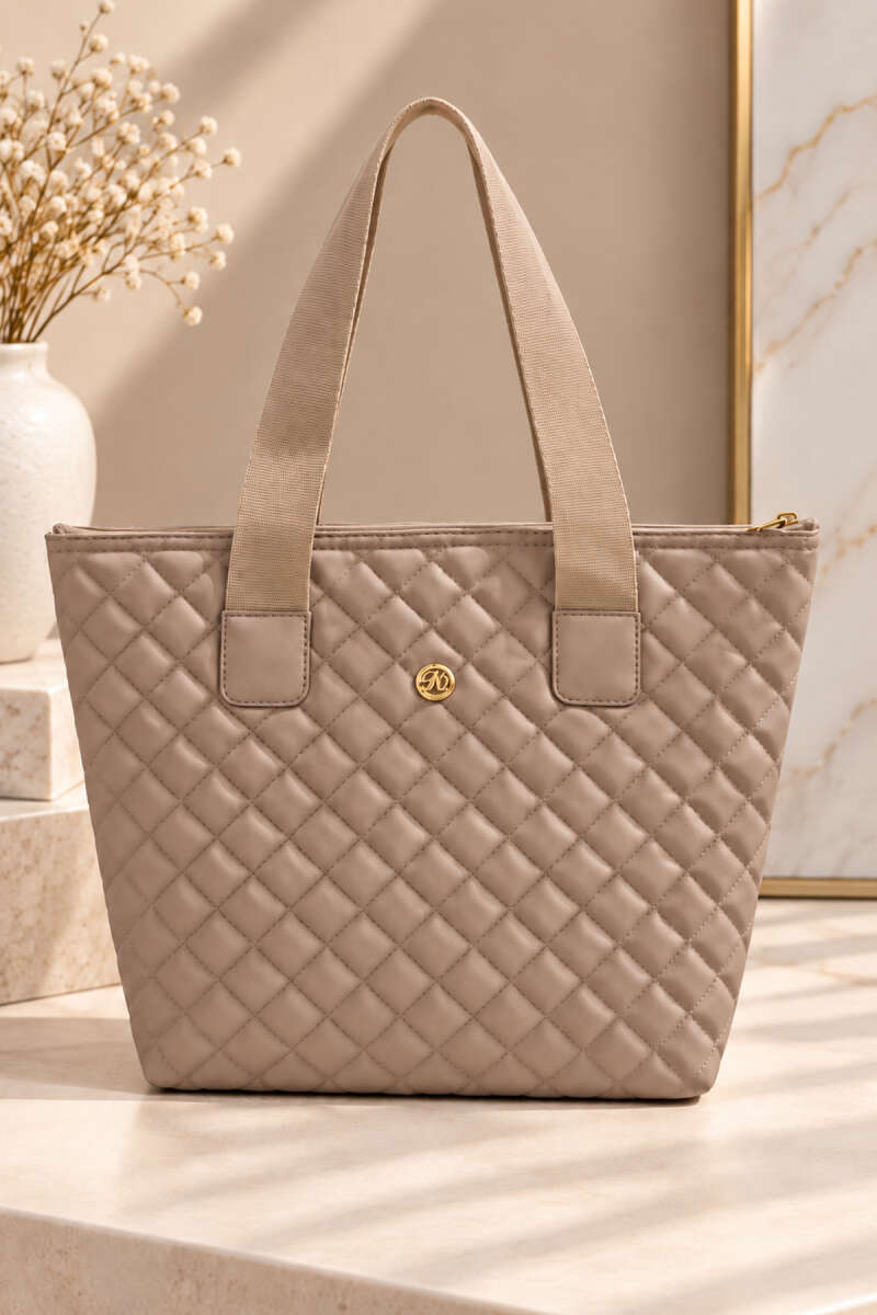 Quilted Zip Handbag - Beige