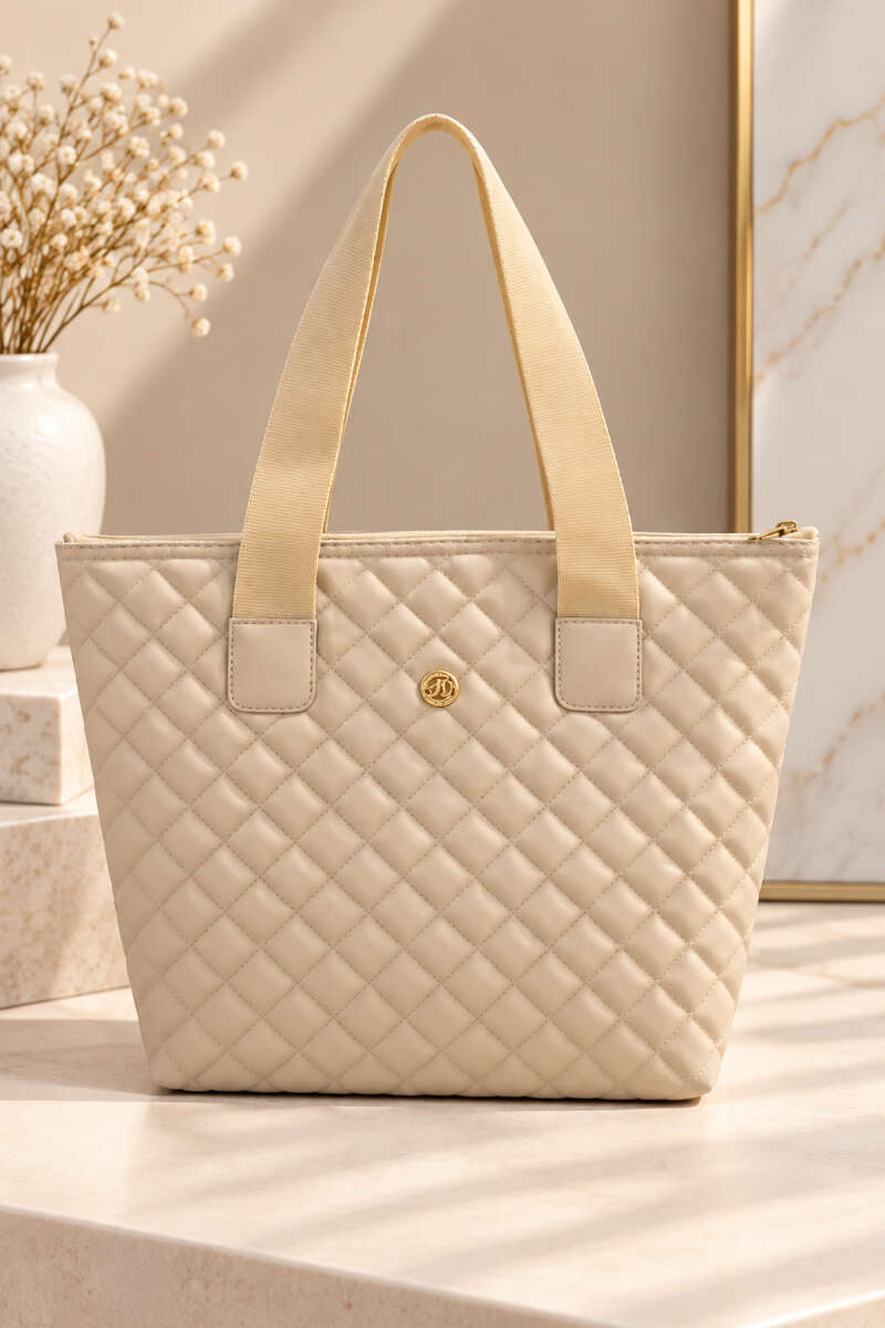 Quilted Zip Handbag - Bone