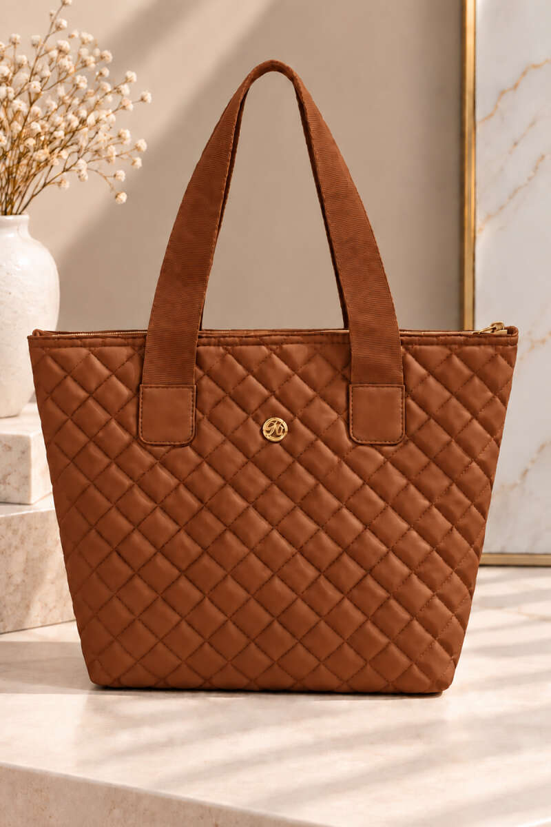 Quilted Zip Handbag - Tan