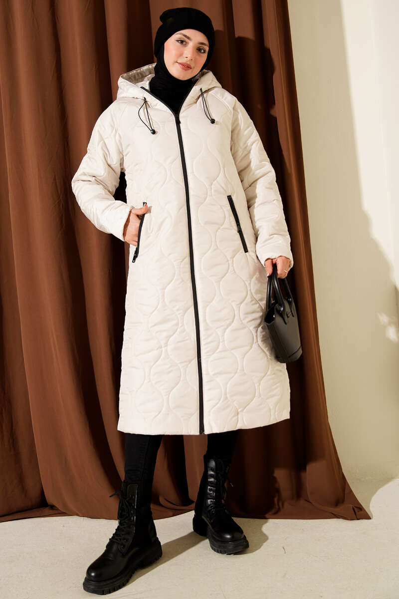 Hooded Quilted Zip Coat - Stone