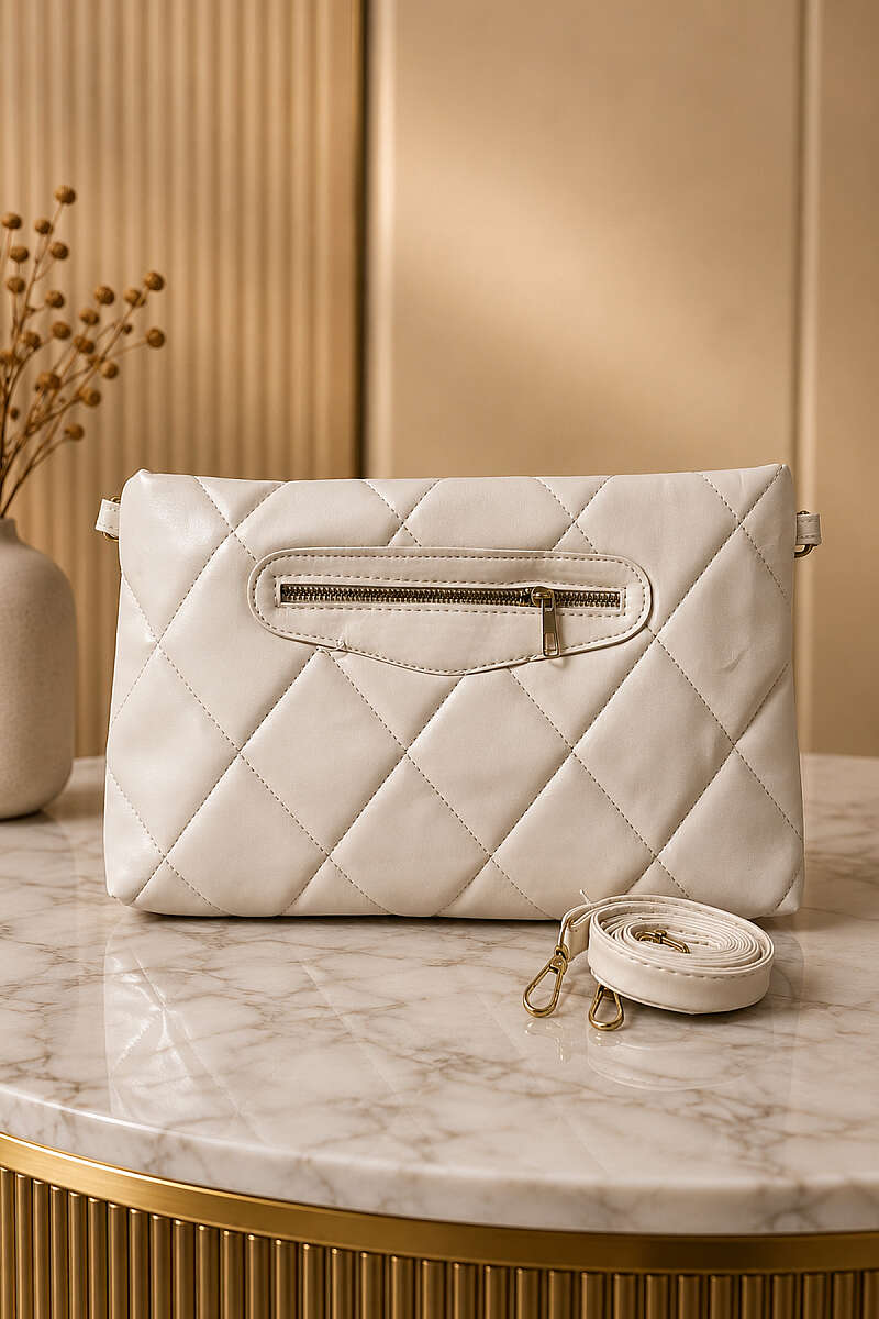 Quilted Zip Clutch Bag - Bone