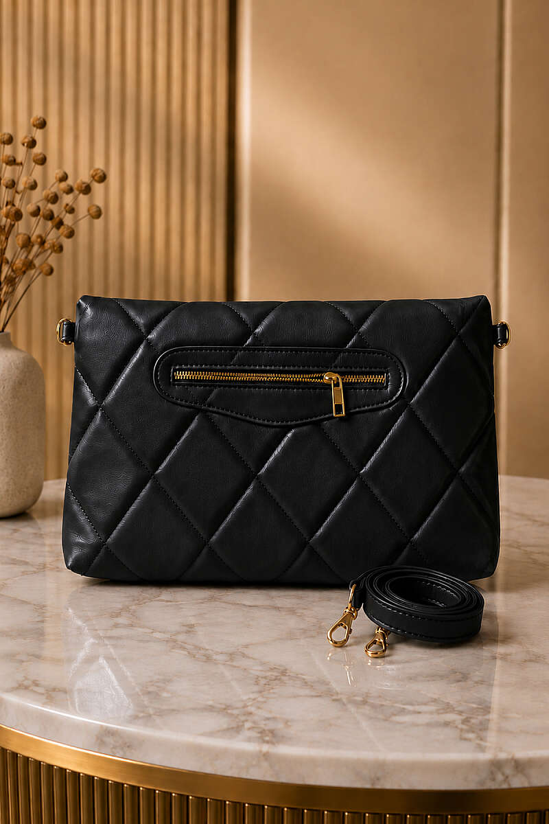 Quilted Zip Clutch Bag - Black