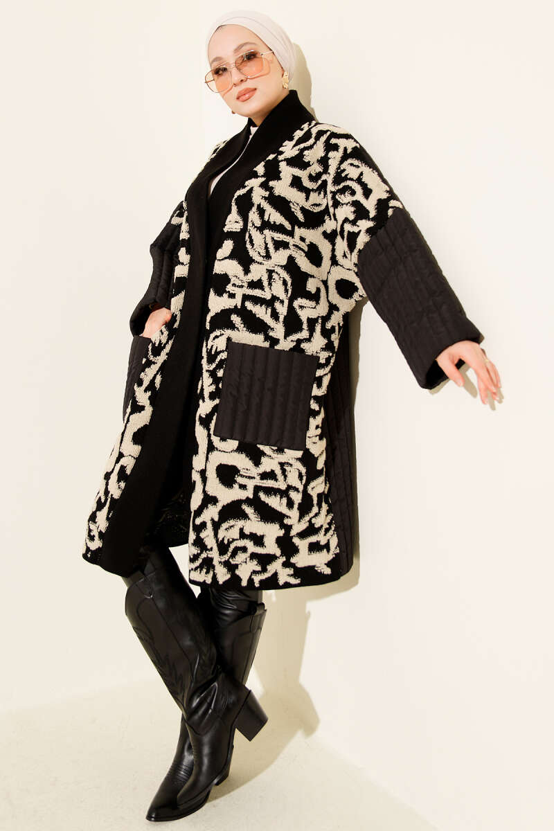 Oversized Knit Cardigan with Quilted Trim and Pockets - Black