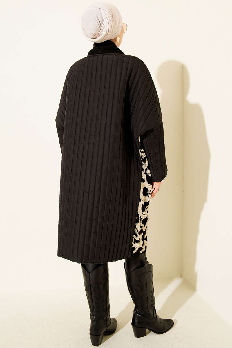 Oversized Knit Cardigan with Quilted Trim and Pockets - Black