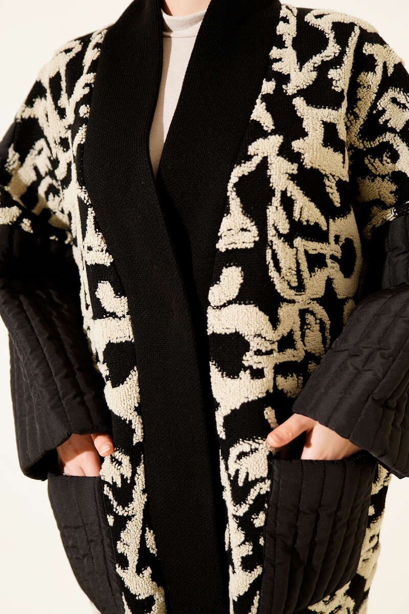Oversized Knit Cardigan with Quilted Trim and Pockets - Black