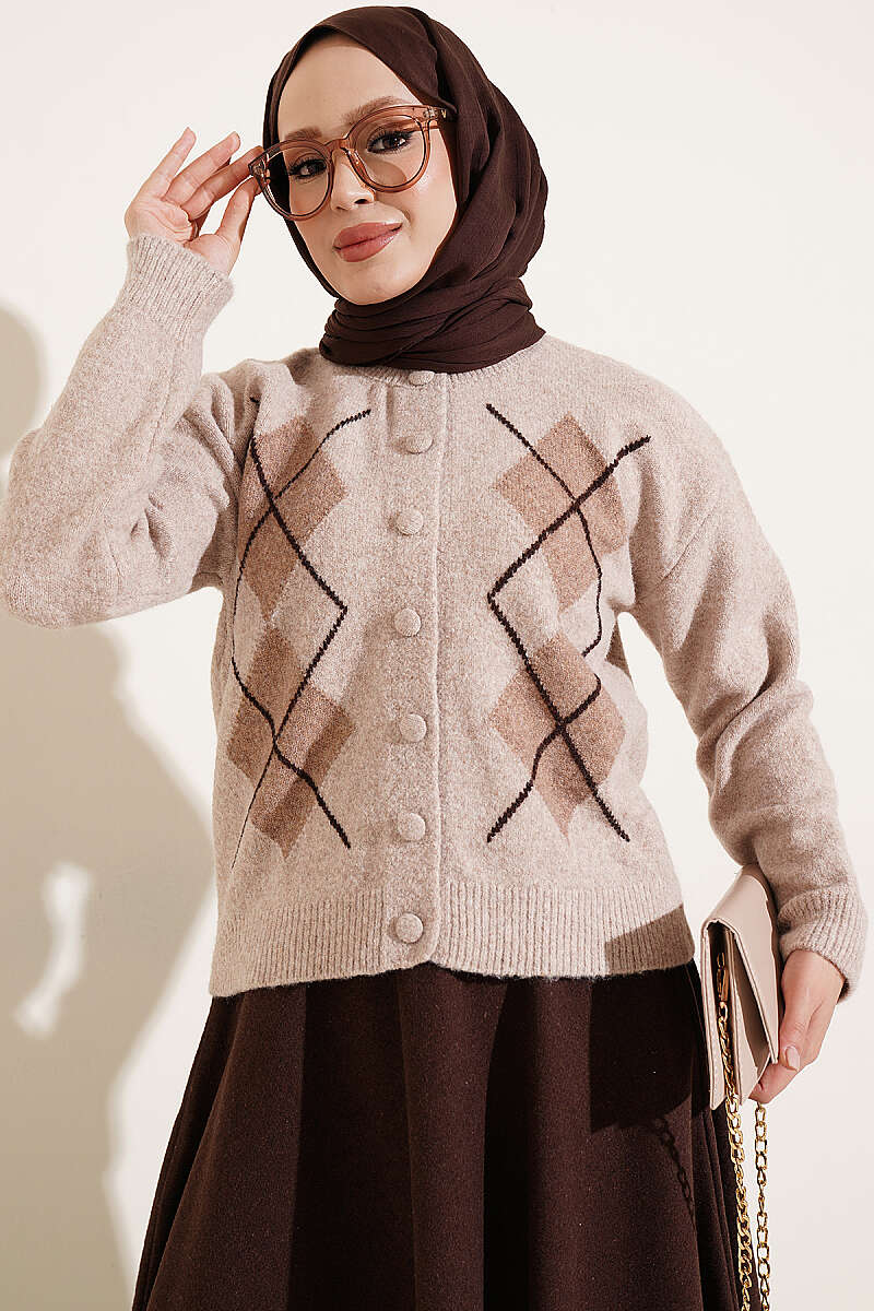 Diamond-Pattern Knit Cardigan with Covered Buttons - Beige