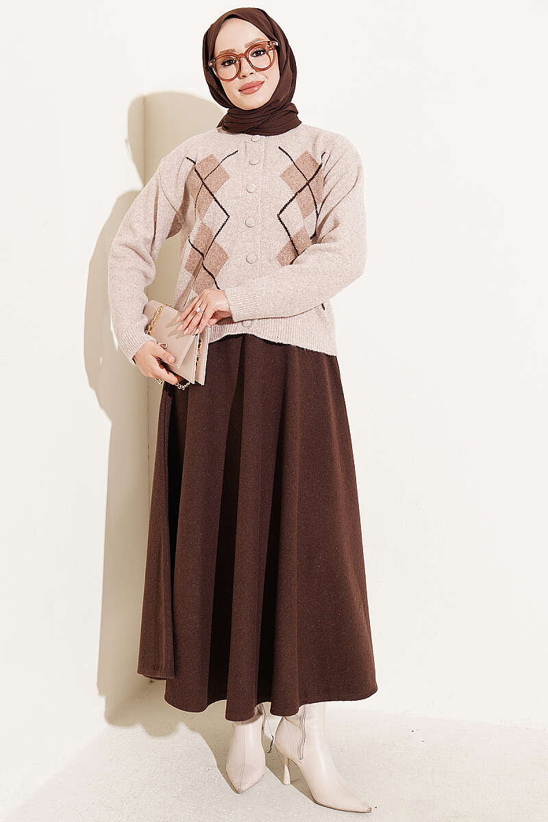 Diamond-Pattern Knit Cardigan with Covered Buttons - Beige