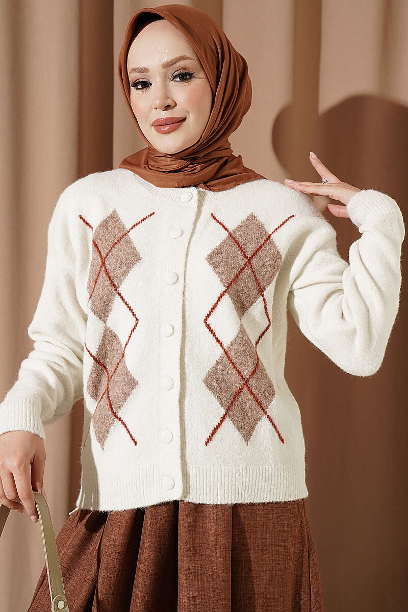 Diamond-Pattern Knit Cardigan with Covered Buttons - Ecru
