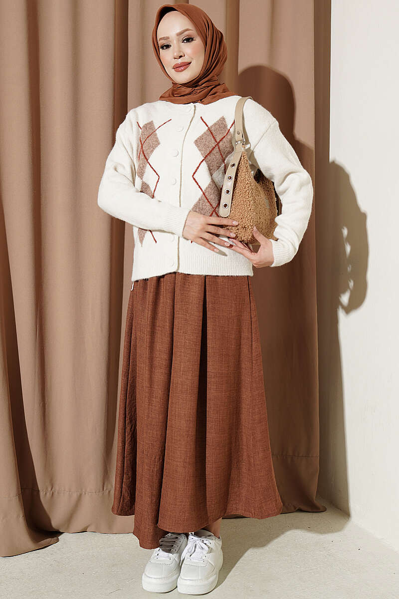 Diamond-Pattern Knit Cardigan with Covered Buttons - Ecru