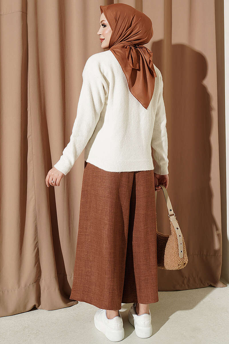 Diamond-Pattern Knit Cardigan with Covered Buttons - Ecru