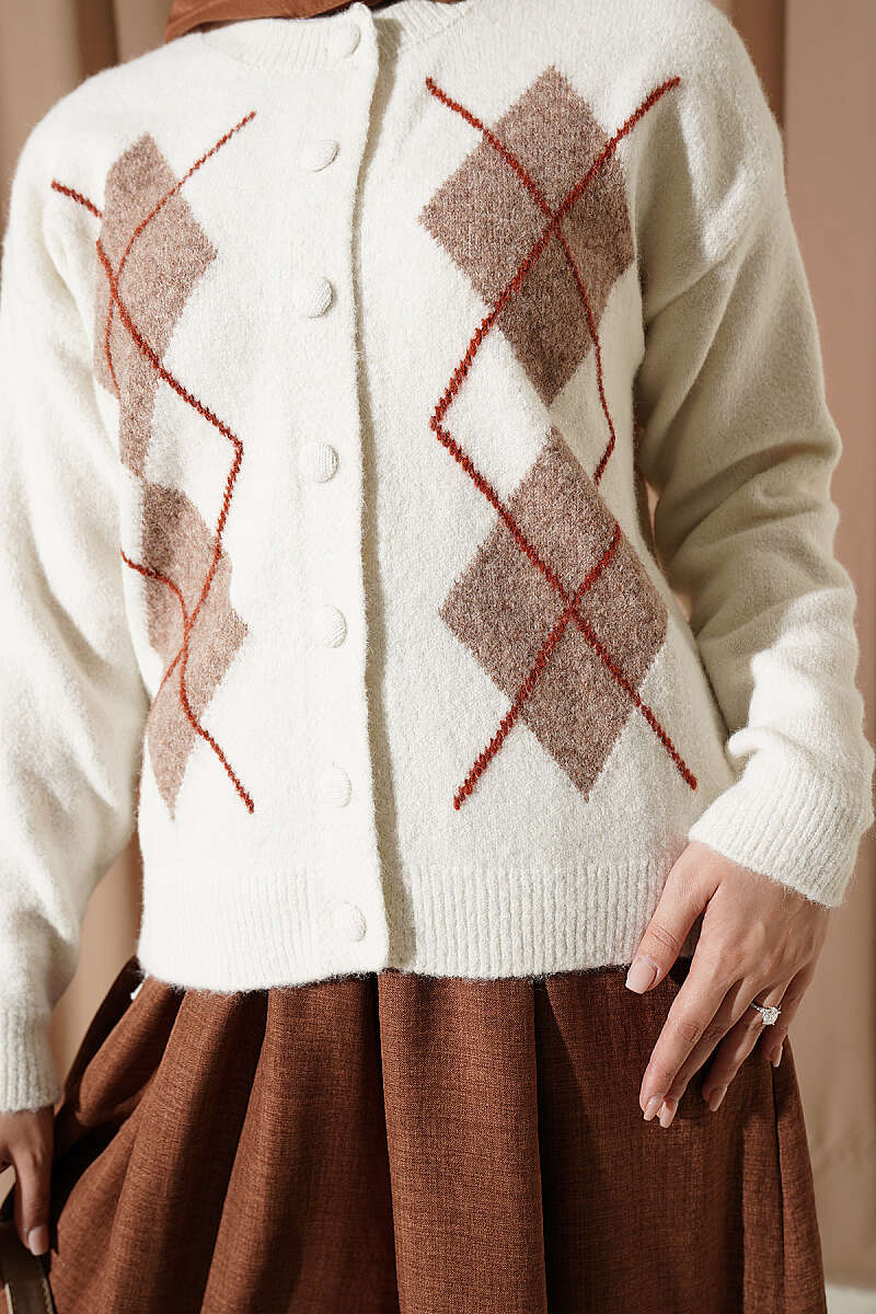 Diamond-Pattern Knit Cardigan with Covered Buttons - Ecru