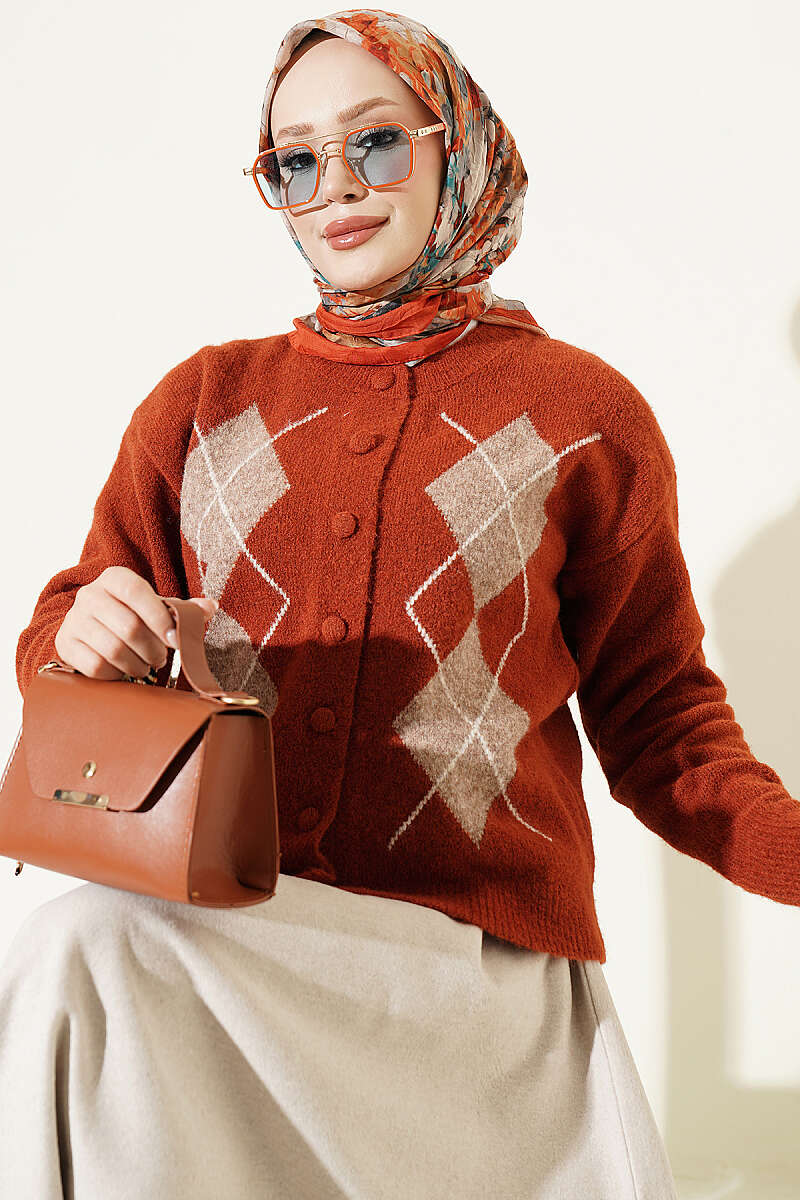 Diamond-Pattern Knit Cardigan with Covered Buttons - Brick