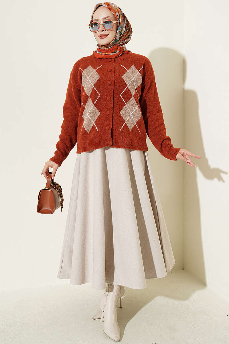 Diamond-Pattern Knit Cardigan with Covered Buttons - Brick