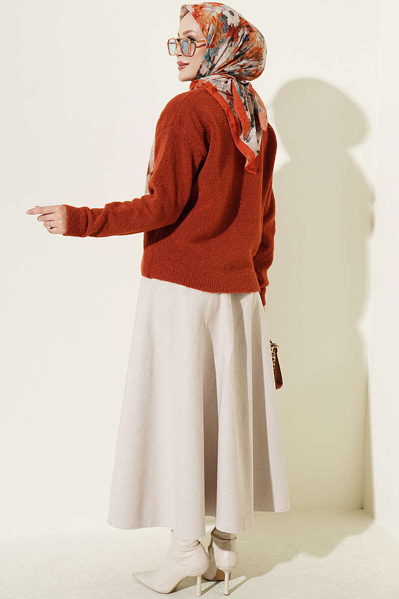 Diamond-Pattern Knit Cardigan with Covered Buttons - Brick