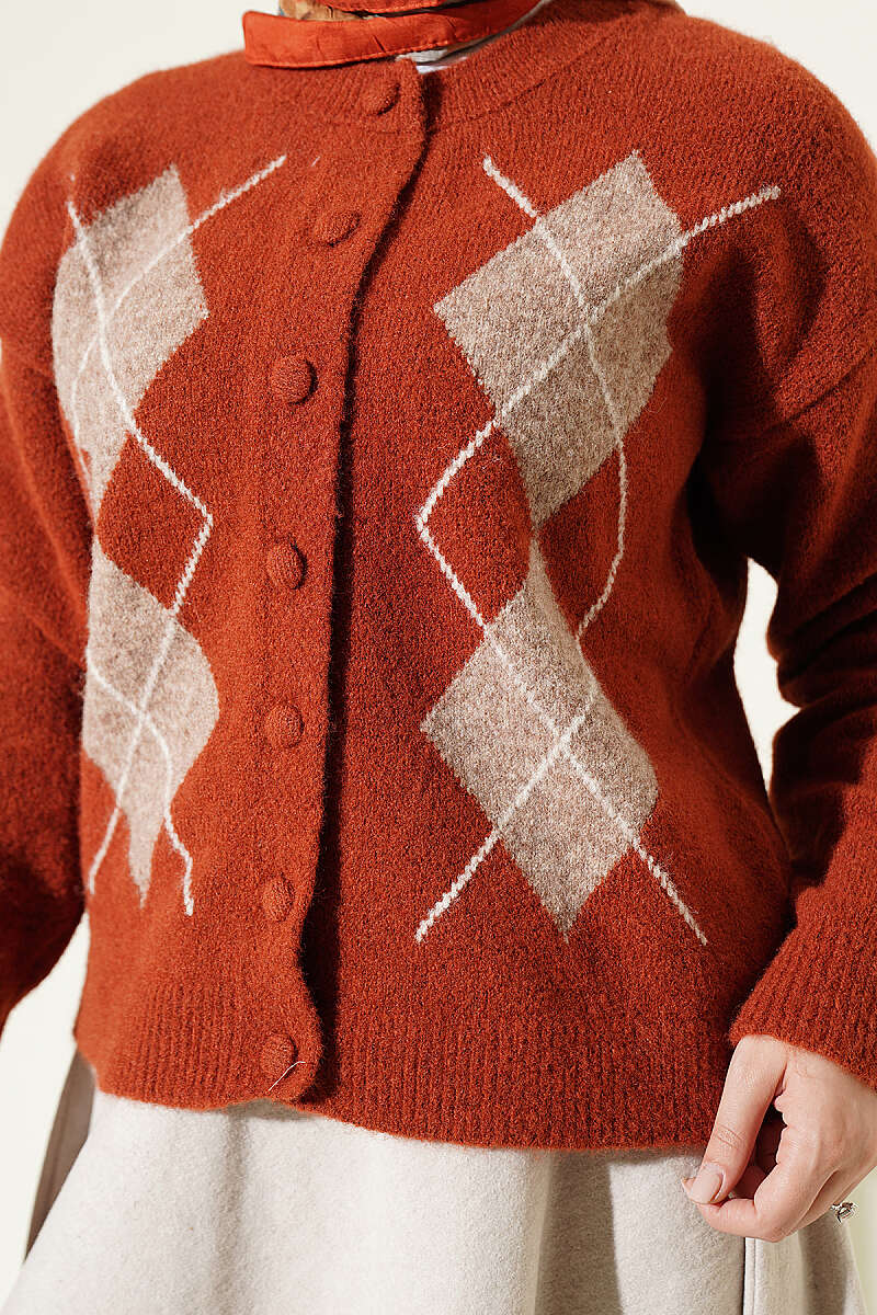Diamond-Pattern Knit Cardigan with Covered Buttons - Brick