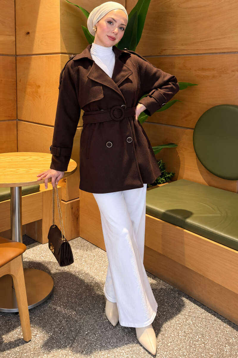 Belted Coat with Covered Buttons - Brown