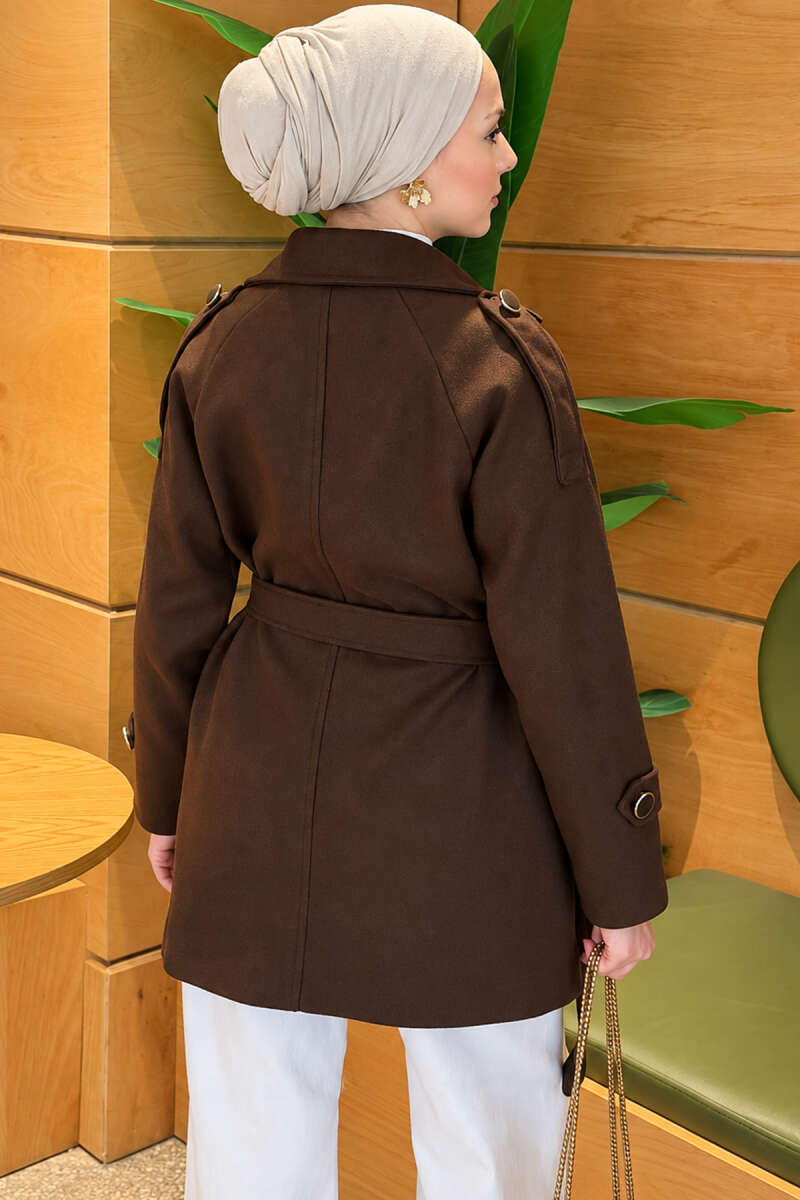 Belted Coat with Covered Buttons - Brown