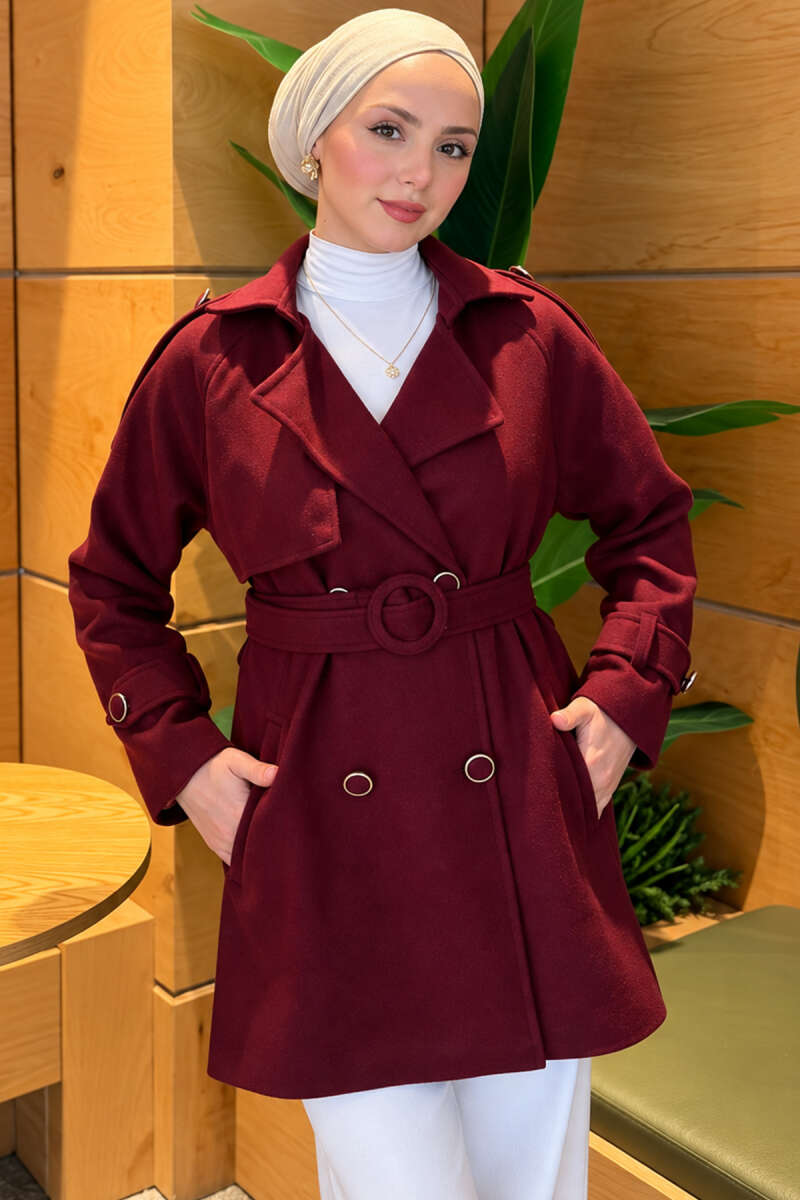 Belted Coat with Covered Buttons - Plum