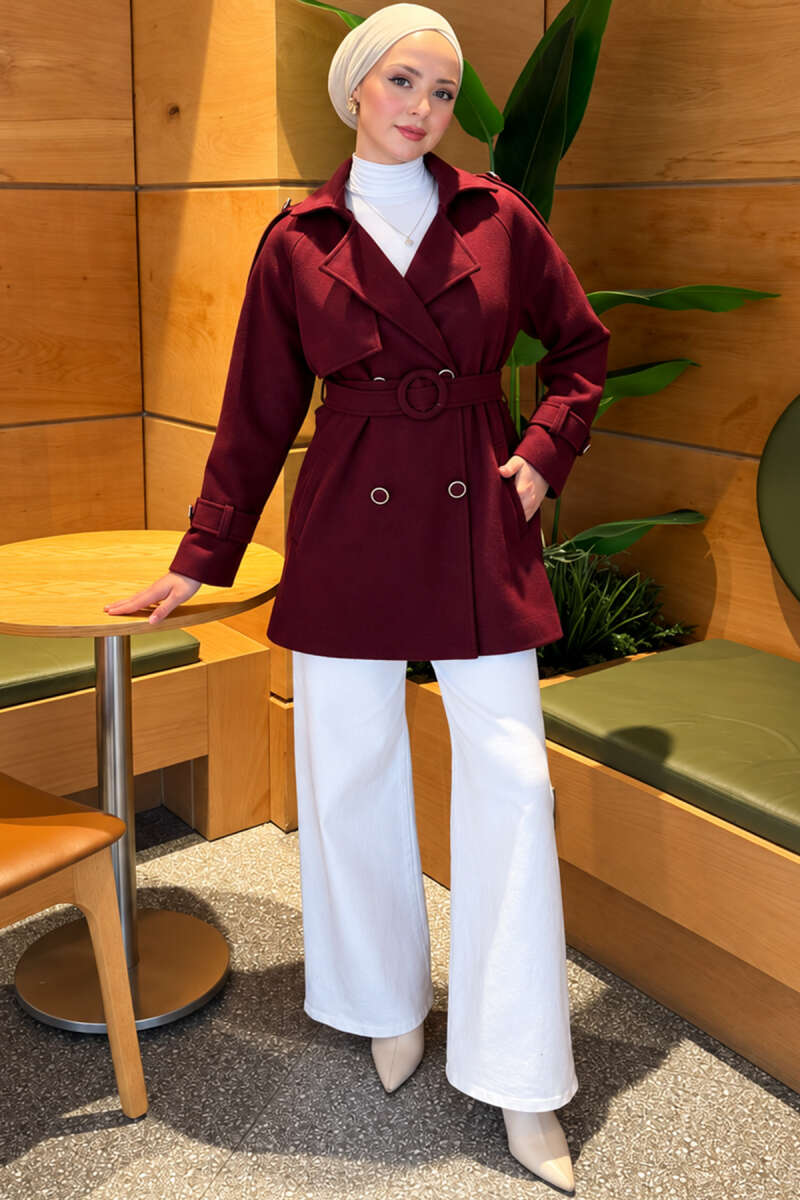Belted Coat with Covered Buttons - Plum