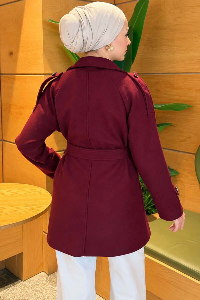Belted Coat with Covered Buttons - Plum