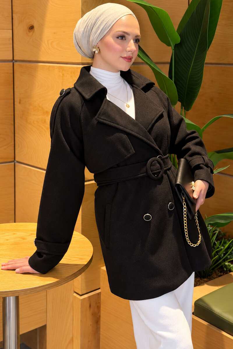 Belted Coat with Covered Buttons - Black
