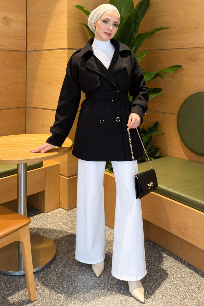 Belted Coat with Covered Buttons - Black