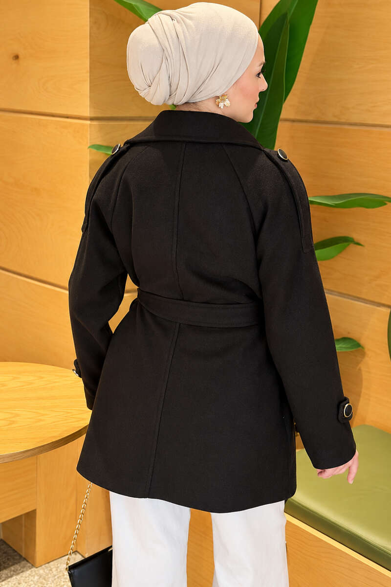 Belted Coat with Covered Buttons - Black