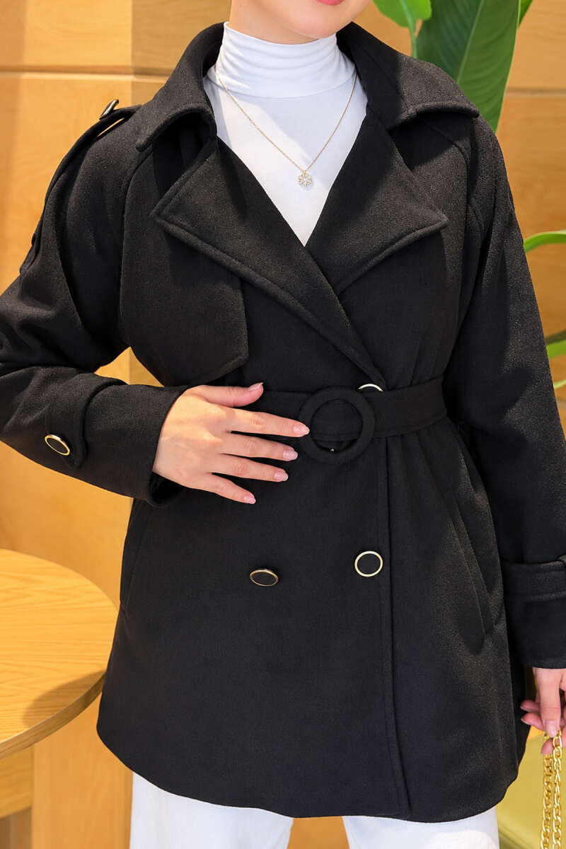 Belted Coat with Covered Buttons - Black