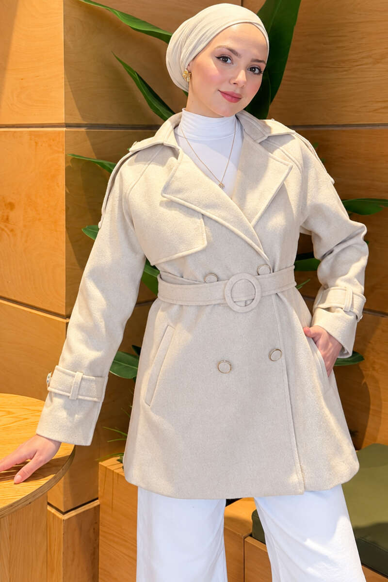 Belted Coat with Covered Buttons - Stone