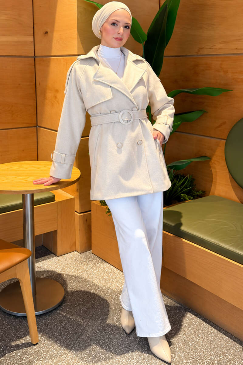Belted Coat with Covered Buttons - Stone