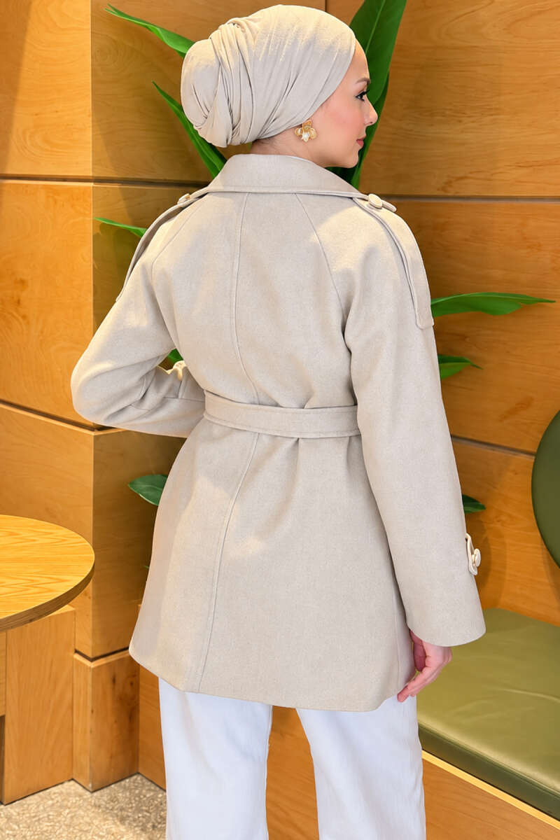 Belted Coat with Covered Buttons - Stone
