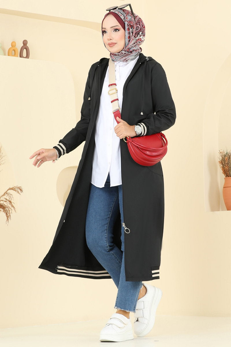 Hooded Bonded Trench Coat with Trim - Black