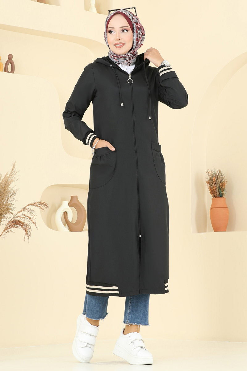 Hooded Bonded Trench Coat with Trim - Black