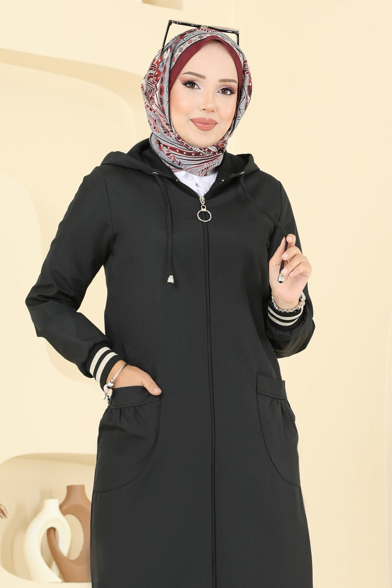 Hooded Bonded Trench Coat with Trim - Black