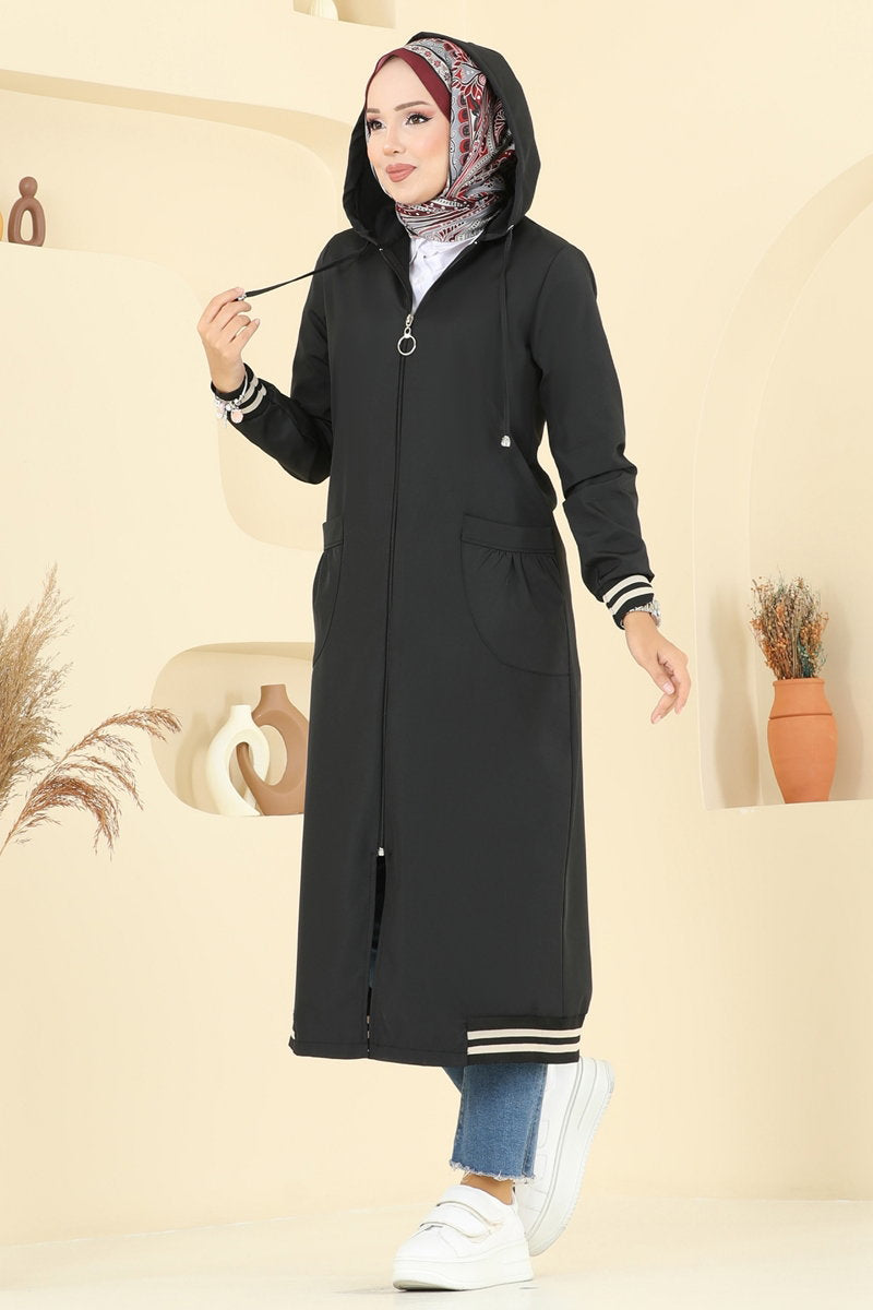 Hooded Bonded Trench Coat with Trim - Black