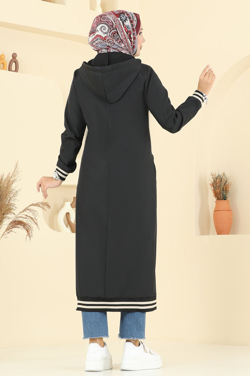 Hooded Bonded Trench Coat with Trim - Black