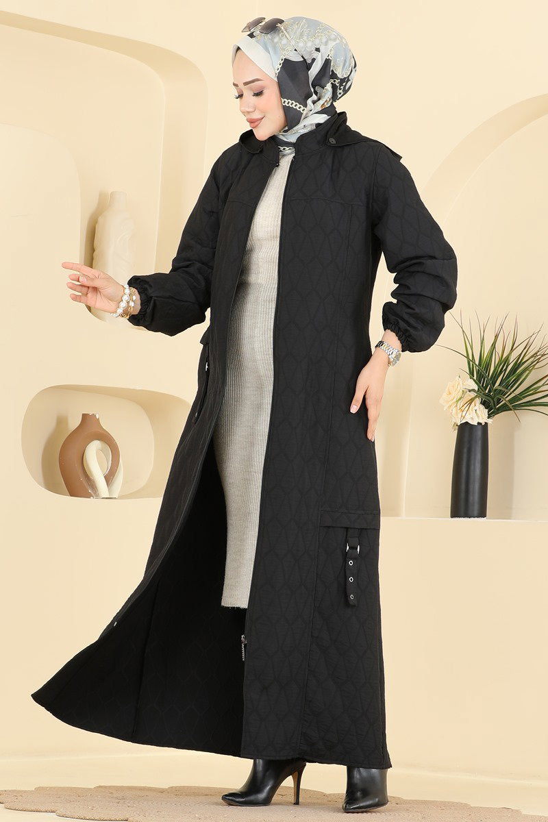 Hooded Quilted Abaya Coat - Black