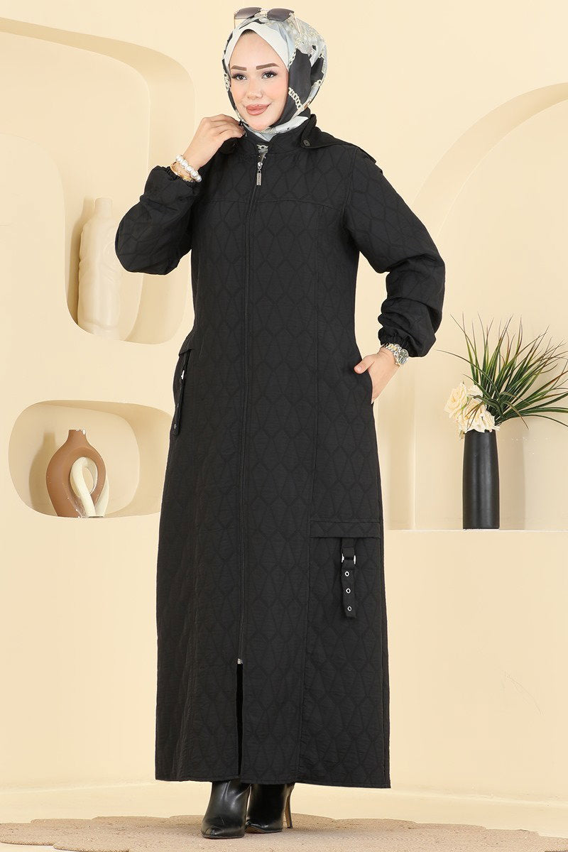 Hooded Quilted Abaya Coat - Black