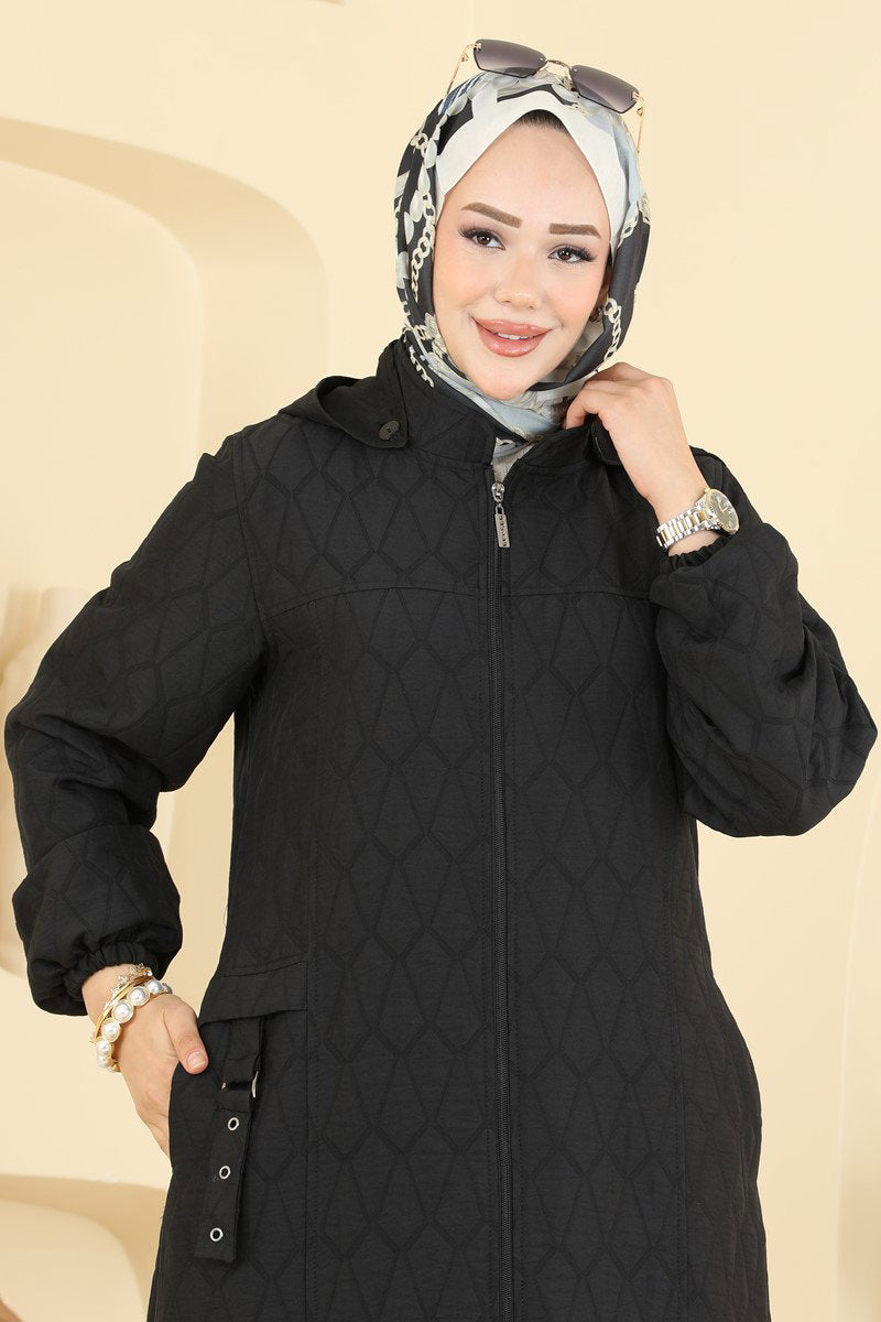 Hooded Quilted Abaya Coat - Black
